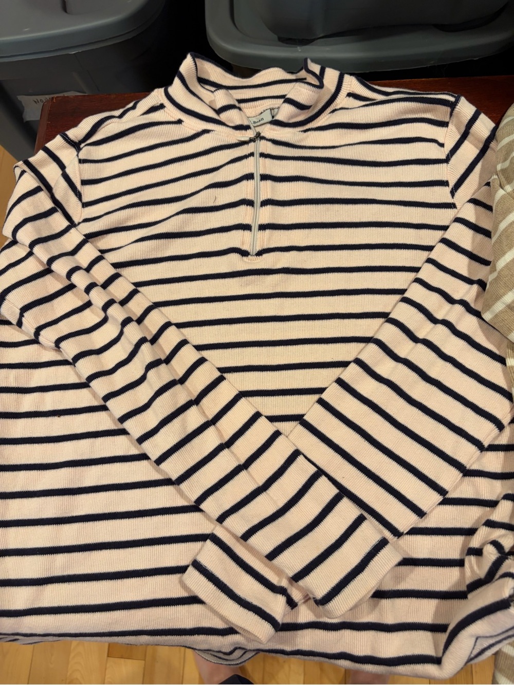 L.L. Bean Pink and Navy Striped Half-Zip Sweater